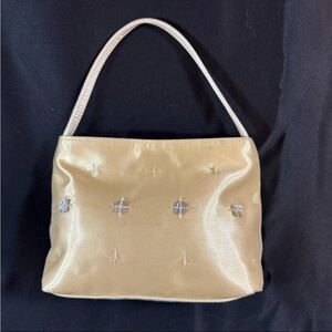 Vintage Champagne Satin Evening Bag Clutch Hand Bag Gold Elegant Formal